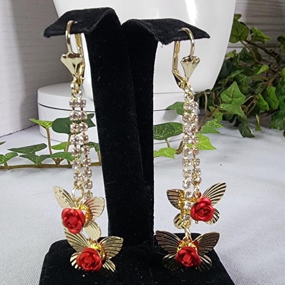 Gold Dangle Earrings with Butterfly and Red Rose Flower - Picture 7 of 11